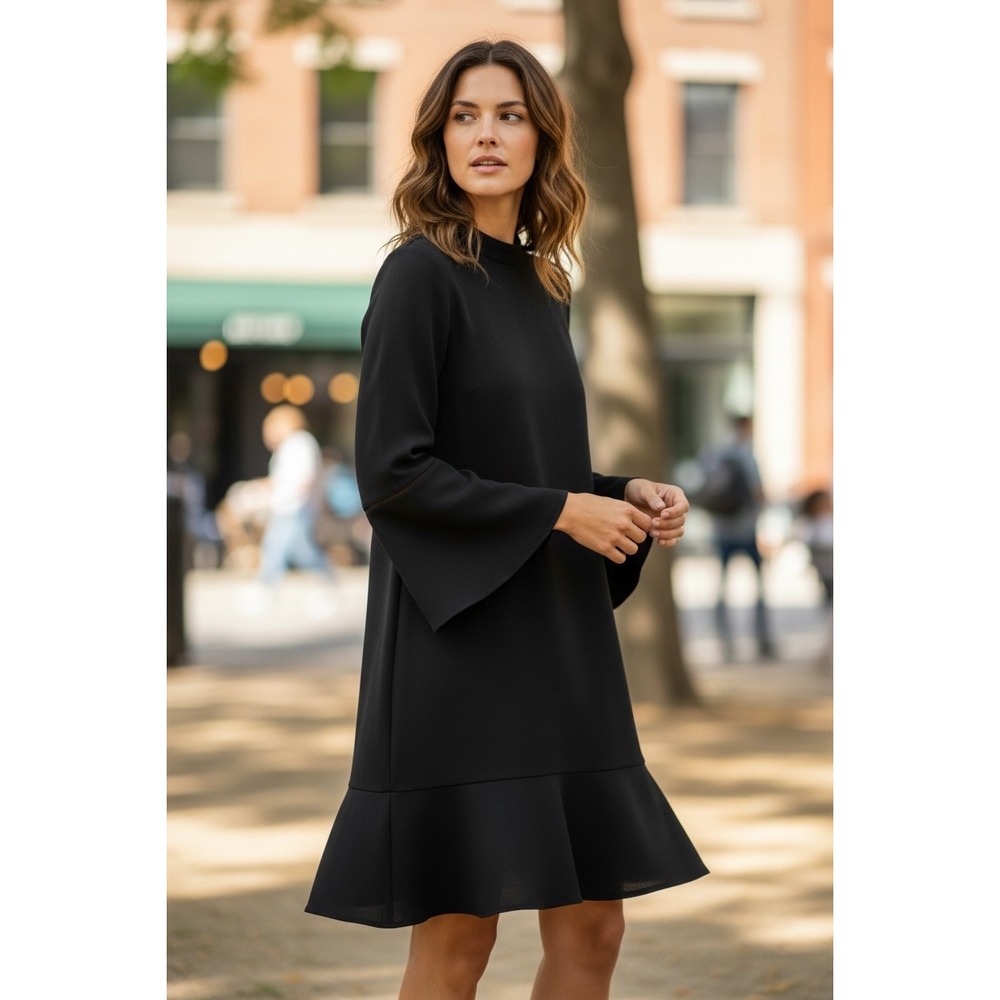 NWT - ABS Collection Black Mock Neck Flared Sleeve‎ Ruffle Hem Dress Size 4